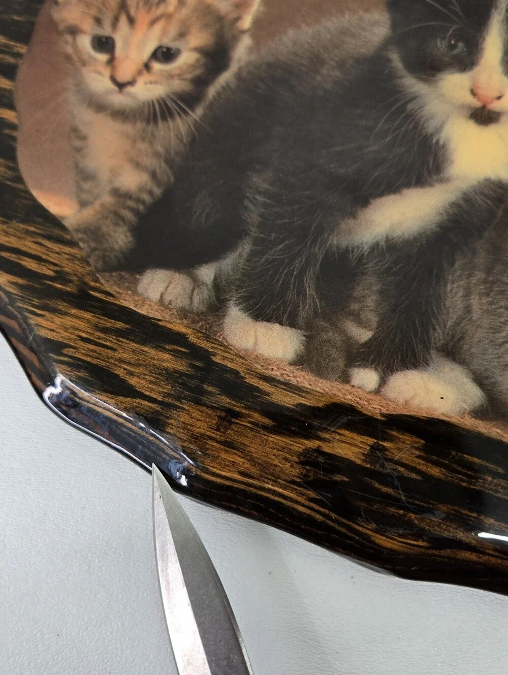 VTG 80s Decoupage Wood Plaque 3 Kittens Lacquer Frame Cat Art Wall  Kitsch